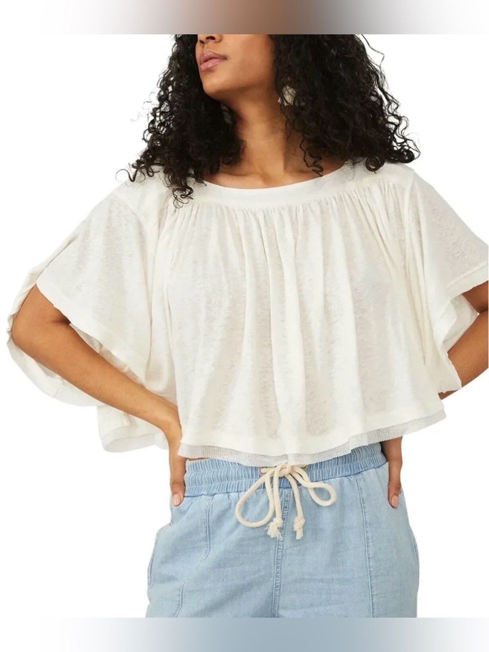 Free People Sunsetter Tee Alabaster Off White Top Women’s Small NWT Linen Blend